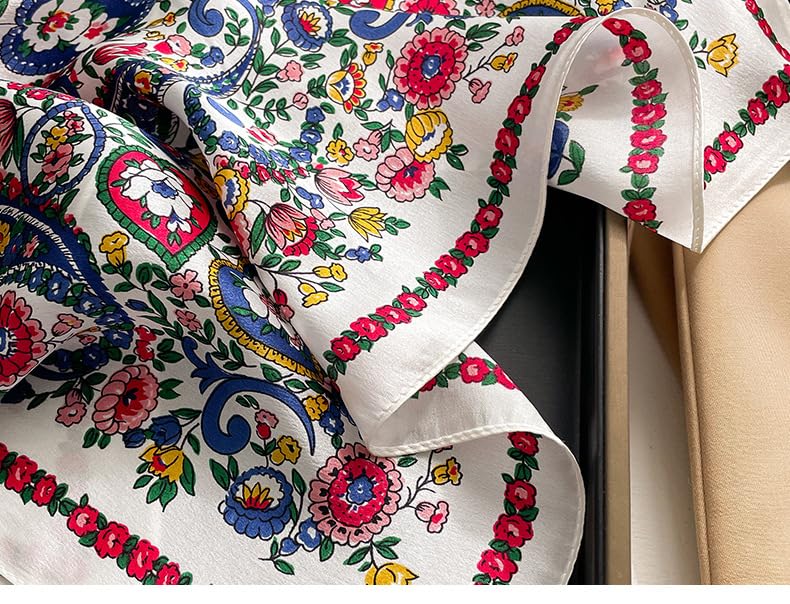 MEISEE 100% Pure Mulberry Silk Scarf 21" Square Scarf Neckerchief Headscarf Breathable Lightweight for Women Gift Packed - color: M3 White Blue Red Cashew Floral