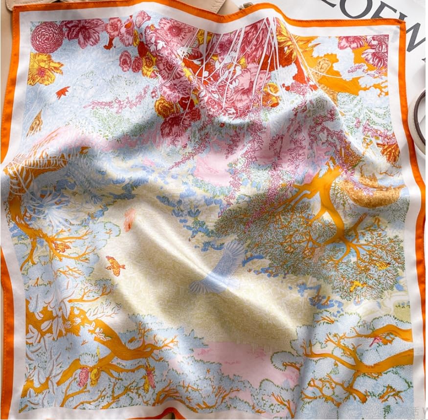 MEISEE 100% Pure Mulberry Silk Scarf 21" Square Scarf Neckerchief Headscarf Breathable Lightweight for Women Gift Packed - color: M3 Orange Beige Flower