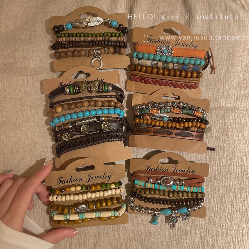 Bohemian Mix Bead Multi Layer Versatile Statement Bracelets Boho Stackable Beaded Strand Stretch Bangles Bracelets Sparkly Crystal Tassel Charm Jewelry Gift - style: Light brown