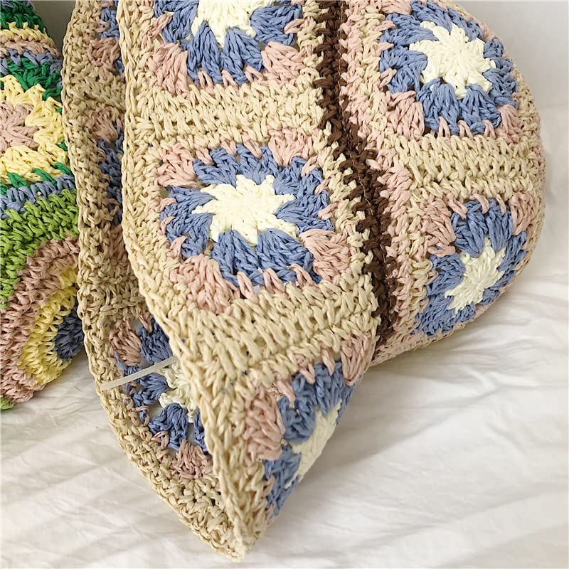 Women Straw Sun Hat Floral Woven Crochet Bucket Hat Y2k Aesthetic Accessories Beach Hat Hand Woven Boho Foldable Cap - color: Lavender