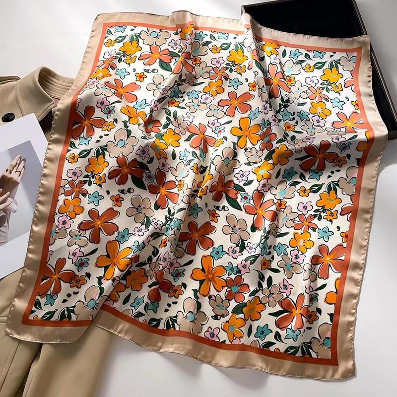 Stlvoll 27.5" Silk Neck Scarf of Women's Fashion Head Scarf Square Neck Satin Scarfs for Bag Hair Scarves Gift - color: Flower/Orange/Green