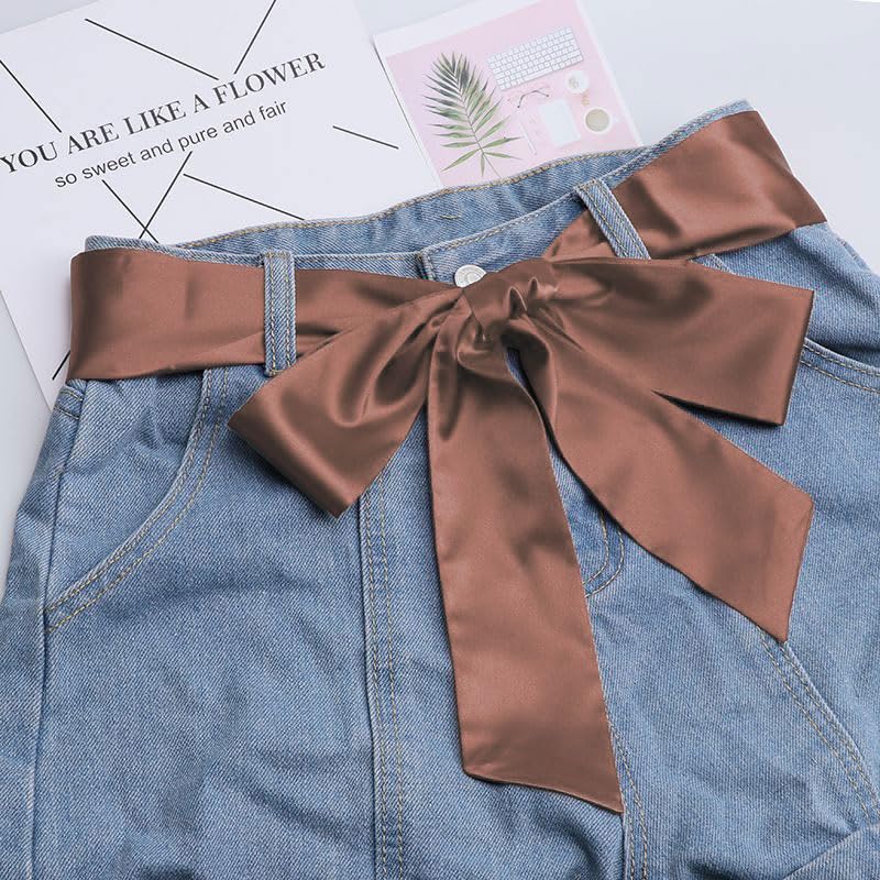 Long Thin Skinny Scarf Satin Neckerchief Ribbon Tie Waist Belt for Women - color: Bean Paste