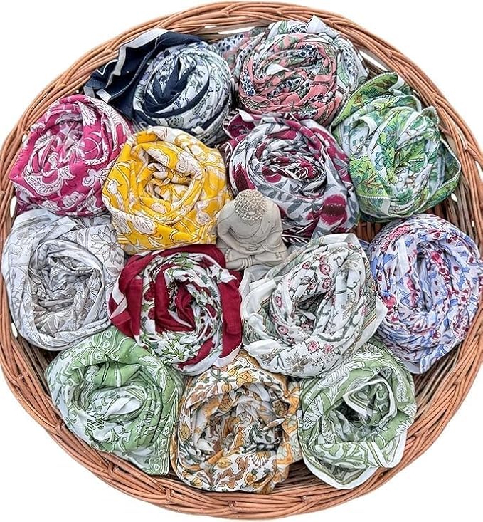 Hand Block Printed Soft 100% Cotton Fashion Neck Scarf For Women Lightweight Scarves Floral Wrap, Summer Travel & Daily Wear, Hair, Patterned, Boho, Gift