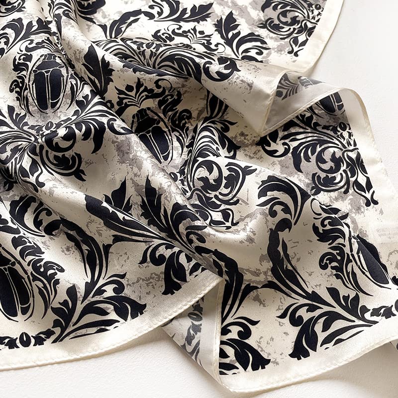 FEIBOON Mulberry Silk Scarfs Neck Scarf 21" Small Square Scarfs hair scarf bandana Neckerchief Headscarf for Women - color: Black+beige