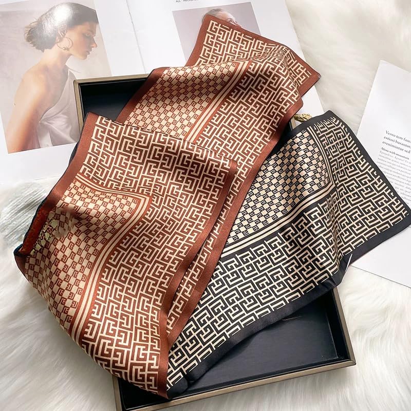 ANDANTINO 100% Silk Scarf for Women 59”*6.3” Long Shawls for Headscarf and Neck- Oblong Hair Wraps with Gift Packed - color: Brown&black