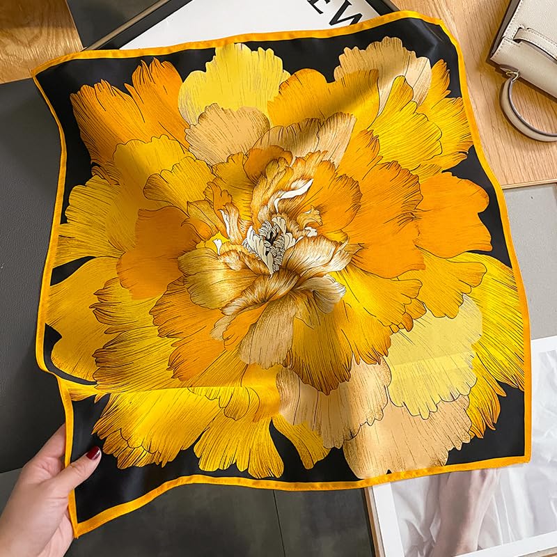 FEIBOON Mulberry Silk Scarfs Neck Scarf 21" Small Square Scarfs hair scarf bandana Neckerchief Headscarf for Women - color: Orange Flower